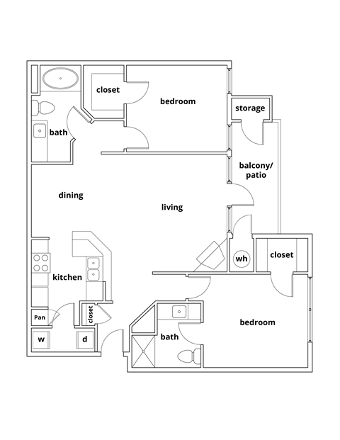 Floor plan for 2 beds, 2 baths, 1068 sqft